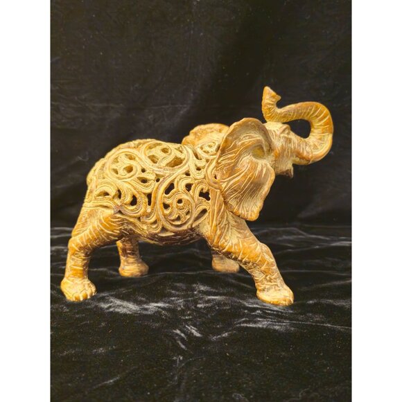 Hand-Carved Wooden Elephant Figurine With Intricate Floral Detailing Decorative - Picture 5 of 12